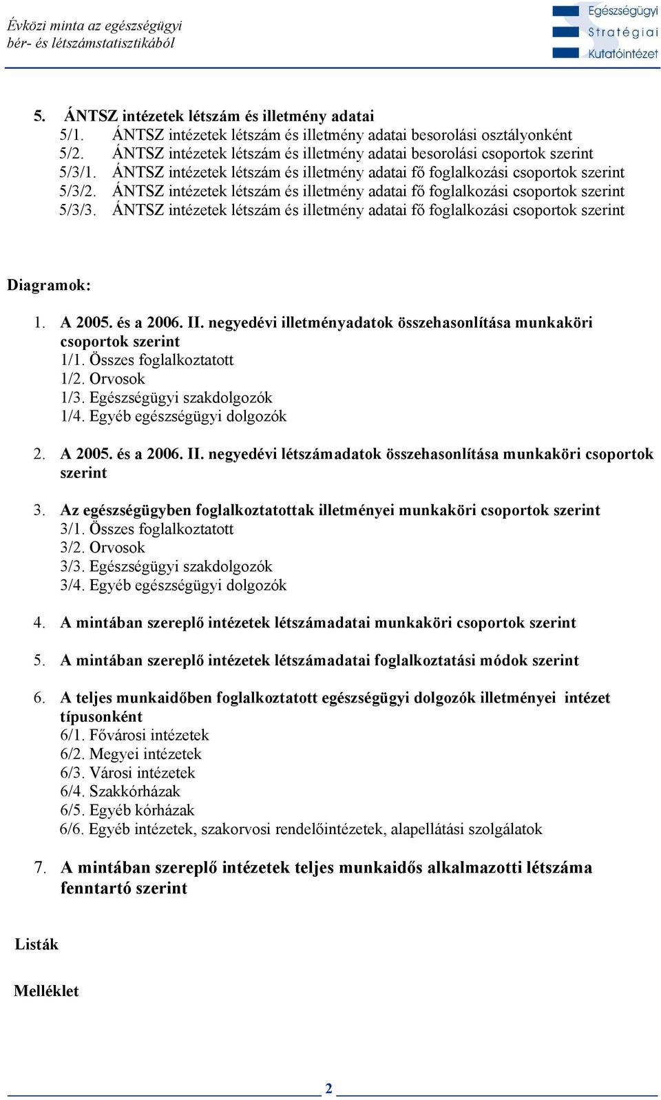 ÁNTSZ intézetek létszám és illetmény adatai fő foglalkozási csoportok szerint 5/3/3. ÁNTSZ intézetek létszám és illetmény adatai fő foglalkozási csoportok szerint Diagramok: 1. A 2005. és a 2006. II.