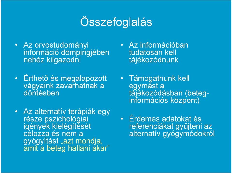 gyógyítást azt mondja, amit a beteg hallani akar Az információban tudatosan kell tájékozódnunk Támogatnunk kell