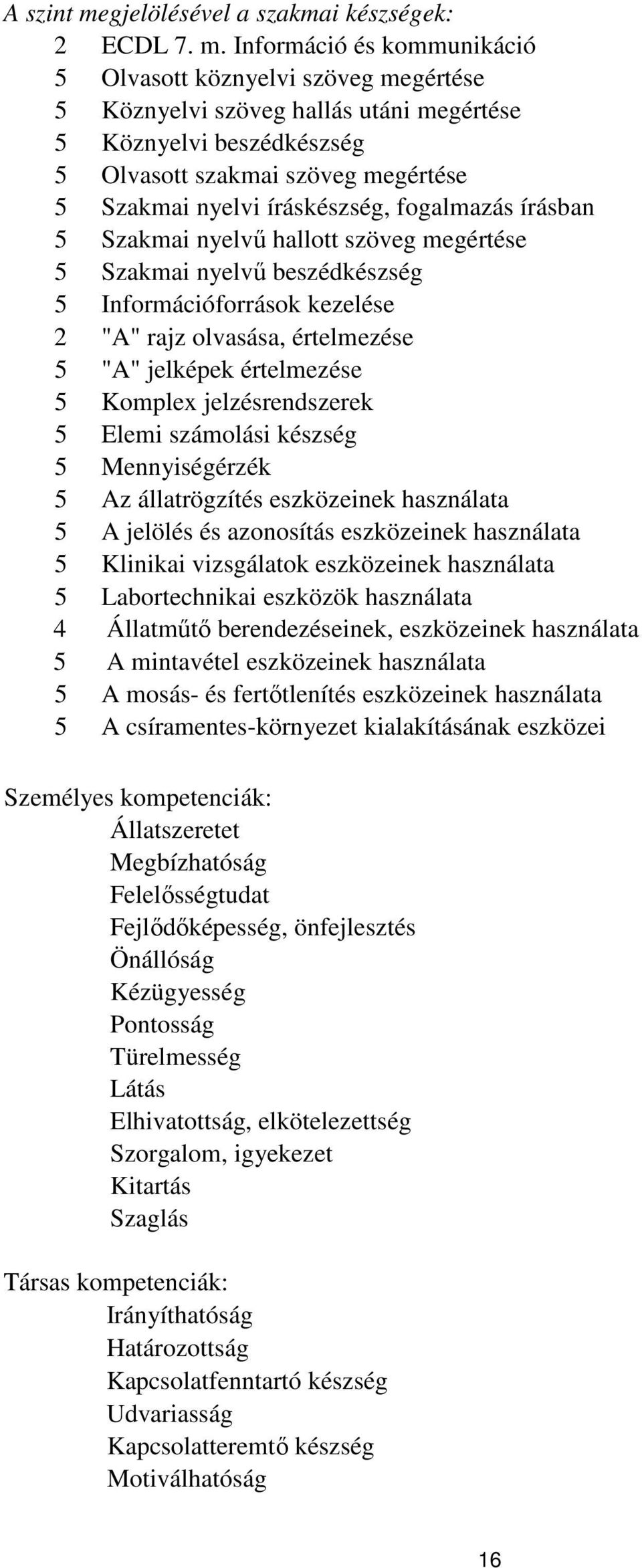 Információ és kommunikáció 5 Olvasott köznyelvi szöveg megértése 5 Köznyelvi szöveg hallás utáni megértése 5 Köznyelvi beszédkészség 5 Olvasott szakmai szöveg megértése 5 Szakmai nyelvi íráskészség,