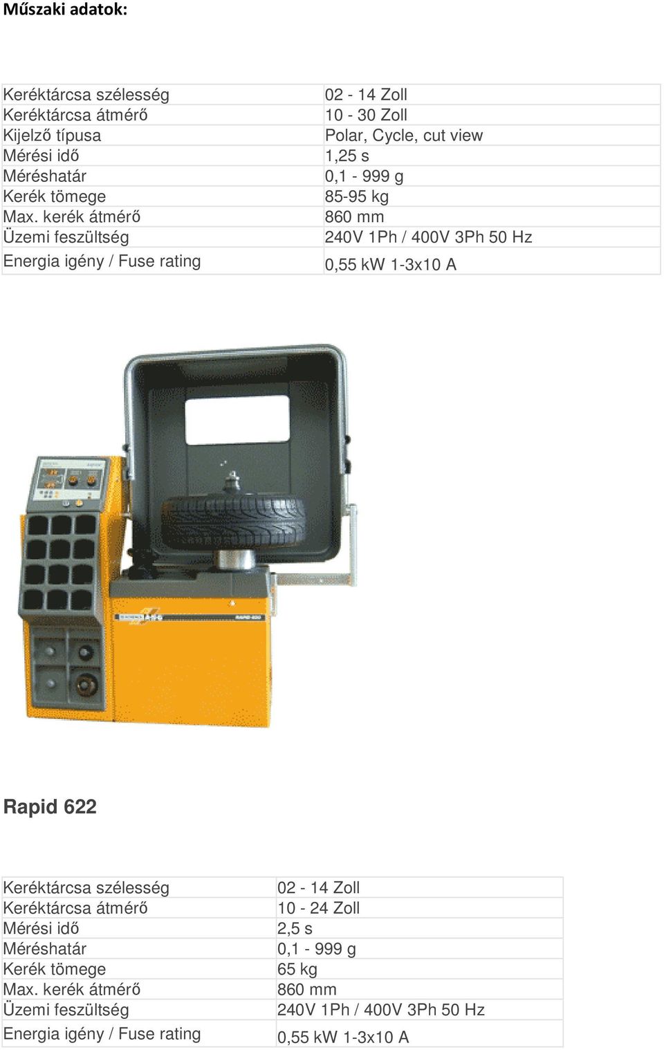 mm 240V 1Ph / 400V 3Ph 50 Hz 0,55 kw 1-3x10 A Rapid 622 Keréktárcsa szélesség Keréktárcsa átmérő Mérési idő Méréshatár Kerék tömege