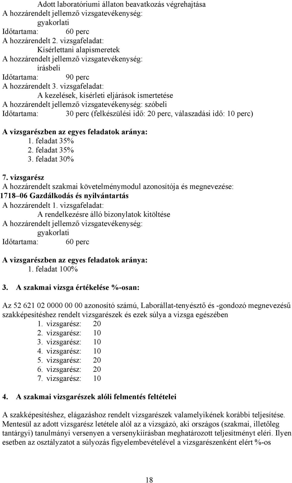 vizsgafeladat: kezelések, kísérleti eljárások ismertetése hozzárendelt jellemző vizsgatevékenység: szóbeli Időtartama: 30 perc (felkészülési idő: 20 perc, válaszadási idő: 10 perc) vizsgarészben az