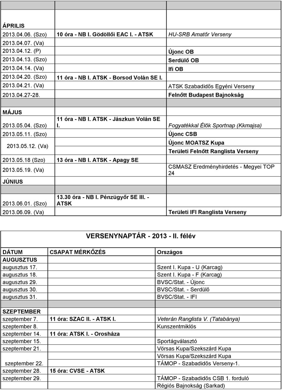 Fogyatékkal Élők Sportnap (Kkmajsa) 2013.05.11. (Szo) Újonc CSB 2013.05.12. (Va) 2013.05.18 (Szo) 13 óra - NB I. ATSK - Apagy SE 2013.05.19. (Va) JÚNIUS 2013.06.01. (Szo) 13.30 óra - NB I.