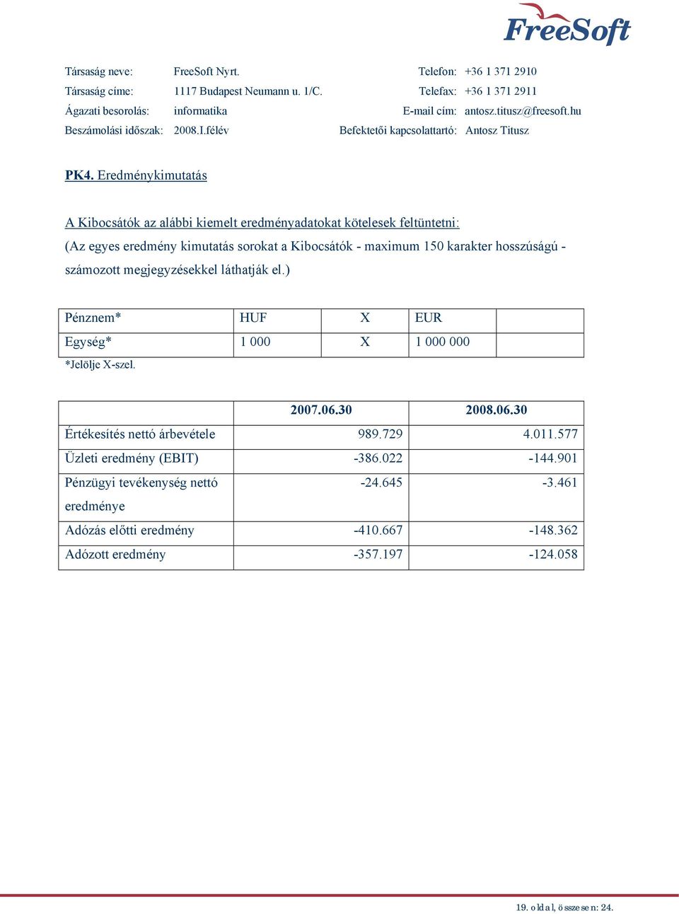 Eredménykimutatás A Kibocsátók az alábbi kiemelt eredményadatokat kötelesek feltüntetni: (Az egyes eredmény kimutatás sorokat a Kibocsátók - maximum 150 karakter hosszúságú - számozott