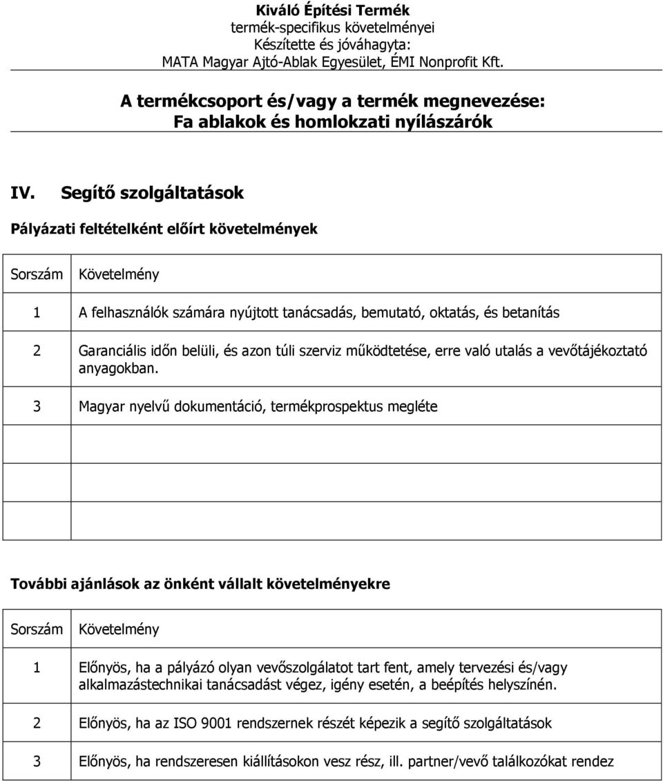 3 Magyar nyelvű dokumentáció, termékprospektus megléte 1 Előnyös, ha a pályázó olyan vevőszolgálatot tart fent, amely tervezési és/vagy