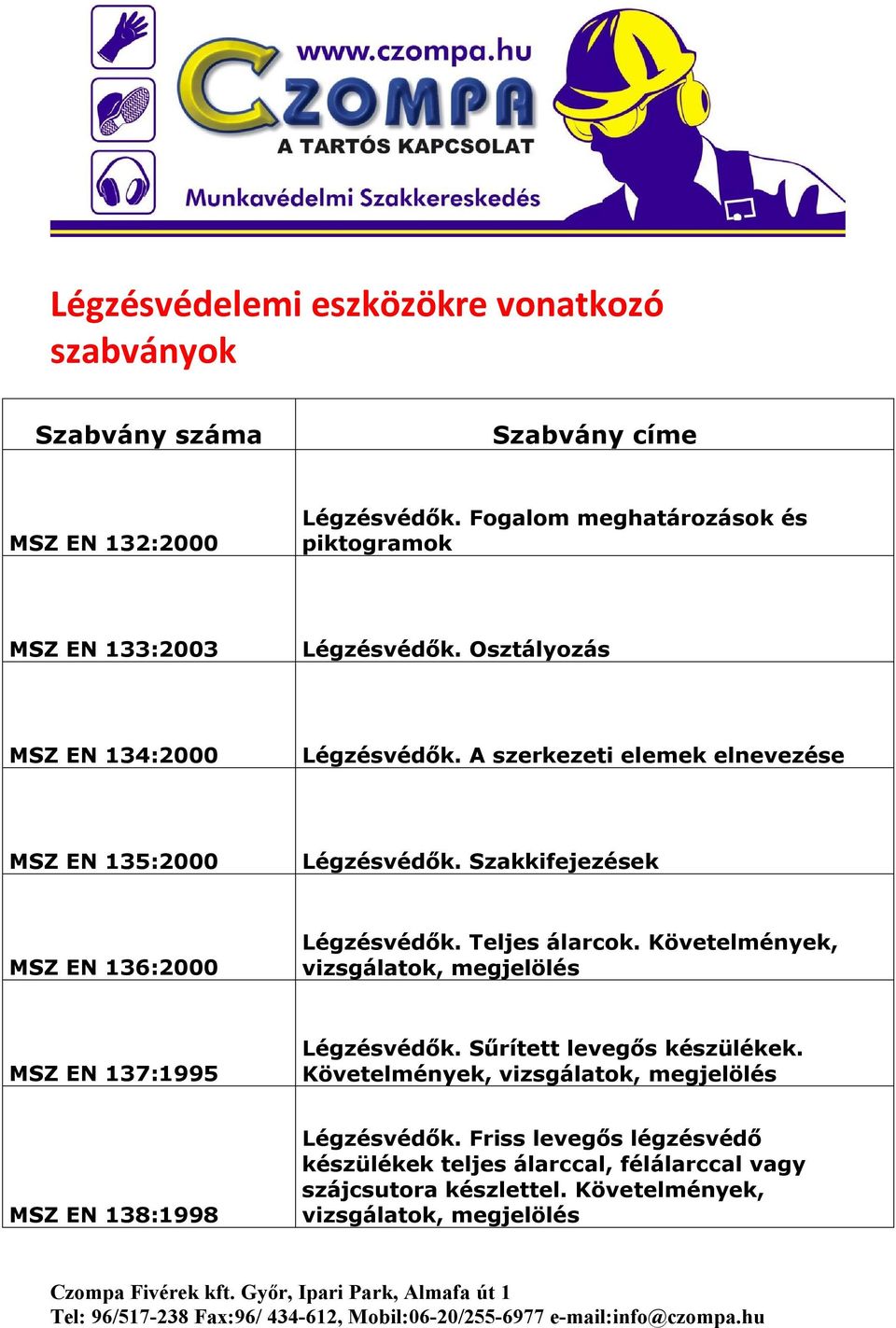 A szerkezeti elemek elnevezése MSZ EN 135:2000 Légzésvédők. Szakkifejezések MSZ EN 136:2000 Légzésvédők. Teljes álarcok.