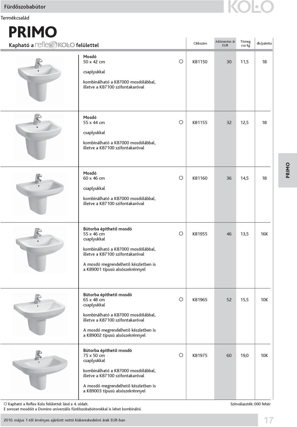 szifontakaróval Bútorba építhető mosdó 55 x 46 cm O K81955 46 13,5 16K csaplyukkal kombinálható a K87000 mosdólábbal, illetve a K87100 szifontakaróval A mosdó megrendelhető készletben is a K89001