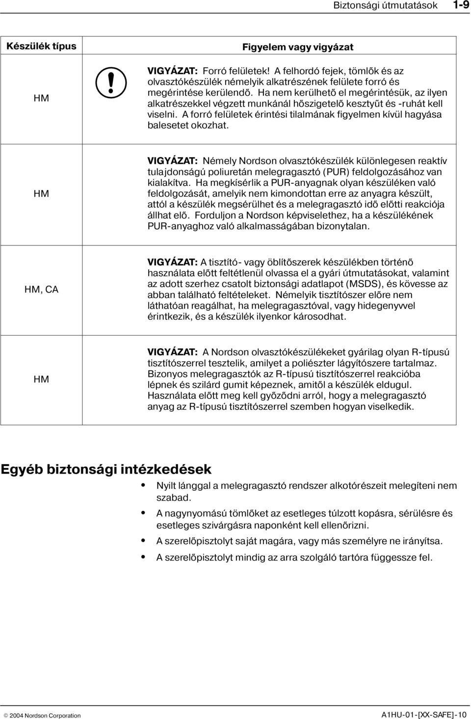 Ha nem kerülhetõ el megérintésük, az ilyen alkatrészekkel végzett munkánál hõszigetelõ kesztyût és -ruhát kell viselni. A forró felületek érintési tilalmának figyelmen kívül hagyása balesetet okozhat.