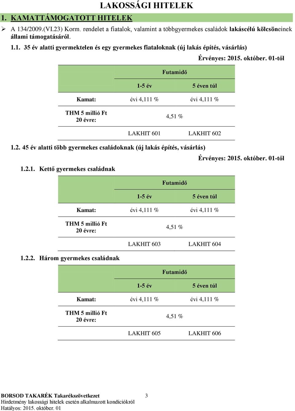 1. 35 év alatti gyermektelen és egy gyermekes fiataloknak (új lakás építés, vásárlás) Kamat: évi 4,111 % évi 4,111 % 4,51 % LAKHIT 601 LAKHIT