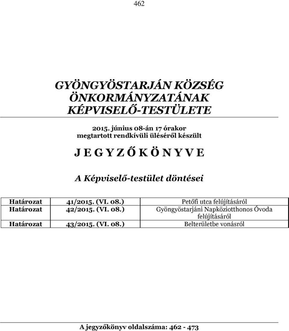 Képviselő-testület döntései Határozat 41/2015. (VI. 08.) Petőfi utca felújításáról Határozat 42/2015.