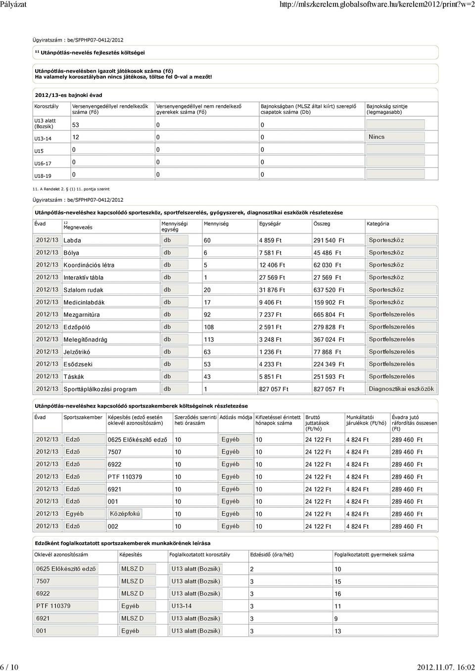 0 0 0 0 Bajnokságban (MLSZ által kiírt) szereplő csapatok száma (Db) Bajnokság szintje (legmagasabb) 11. A Rendelet 2. (1) 11.