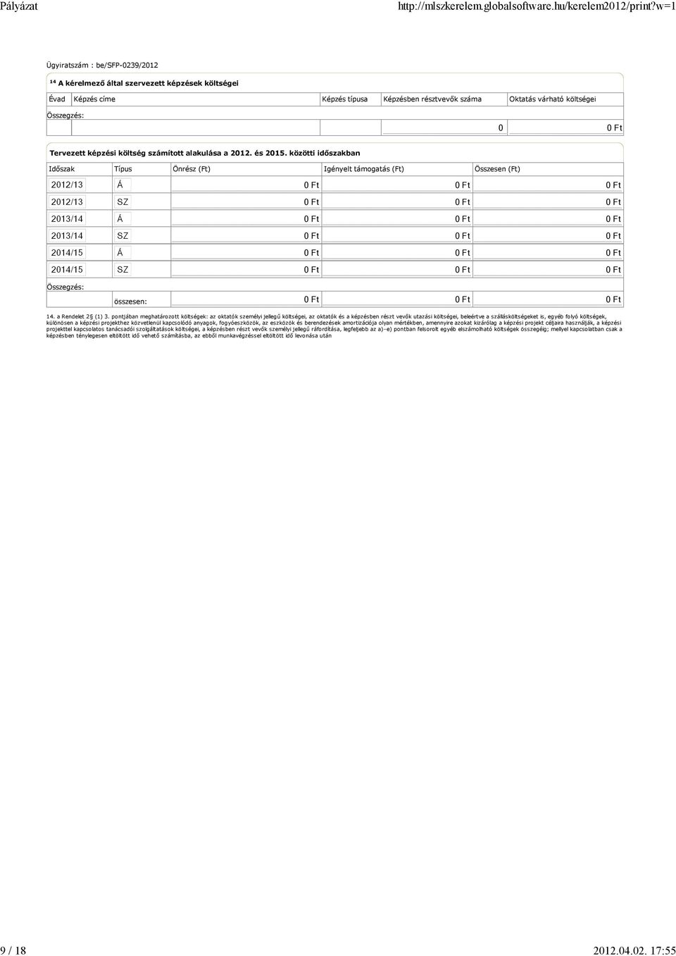 2012. és 2015. közötti időszakban Időszak Típus Önrész (Ft) Igényelt támogatás (Ft) Összesen (Ft) összesen: 14. a Rendelet 2 (1) 3.