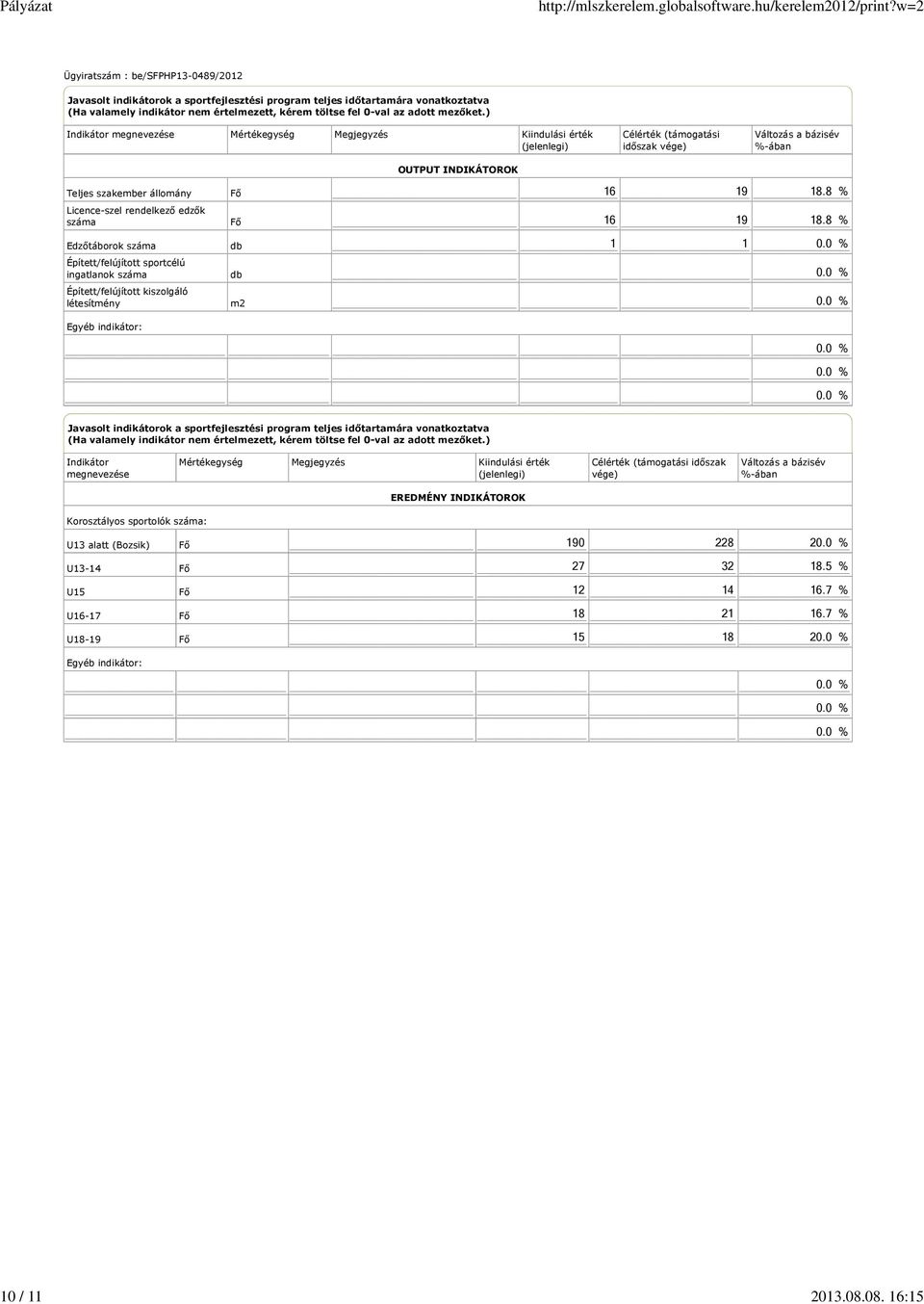 rendelkező edzők szám Edzőtáborok szám Épített/felújított sportcélú ingtlnok szám Épített/felújított kiszolgáló létesítmény Egyéb indikátor: Fő Fő db db m2 16 19 18.8 % 16 19 18.