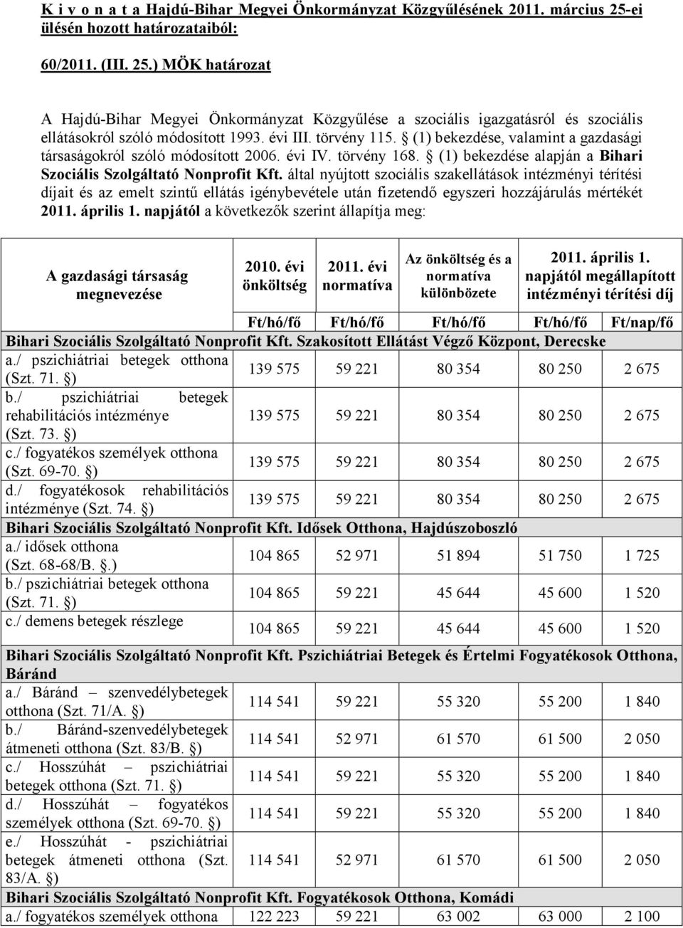 által nyújtott szociális szakellátások intézményi térítési díjait és az emelt szintő ellátás igénybevétele után fizetendı egyszeri hozzájárulás mértékét 2011. április 1.