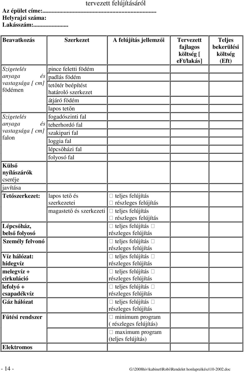 cseréje javítása Tetıszerkezet: Lépcsıház, belsı folyosó Személy felvonó Víz hálózat: hidegvíz melegvíz + cirkuláció lefolyó + csapadékvíz Gáz hálózat Főtési rendszer Elektromos pince feletti födém
