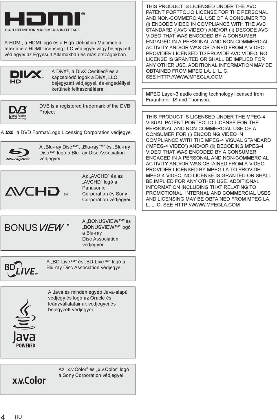 DVB is a registered trademark of the DVB Project A a DVD Format/Logo Licensing Corporation védjegye. A Blu-ray Disc, Blu-ray és Blu-ray Disc logó a Blu-ray Disc Association védjegyei.