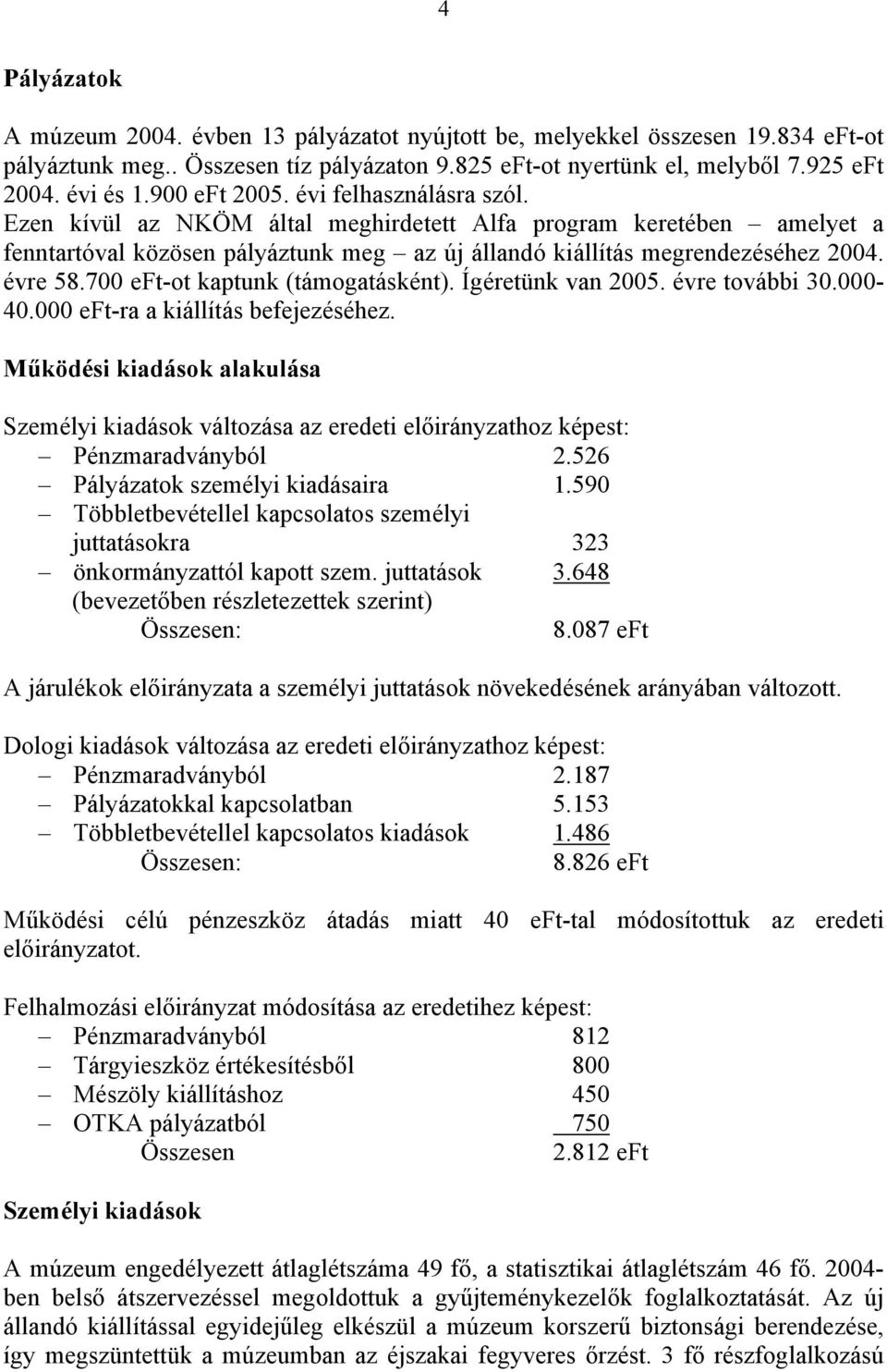 700 eft-ot kaptunk (támogatásként). Ígéretünk van 2005. évre további 30.000-40.000 eft-ra a kiállítás befejezéséhez.