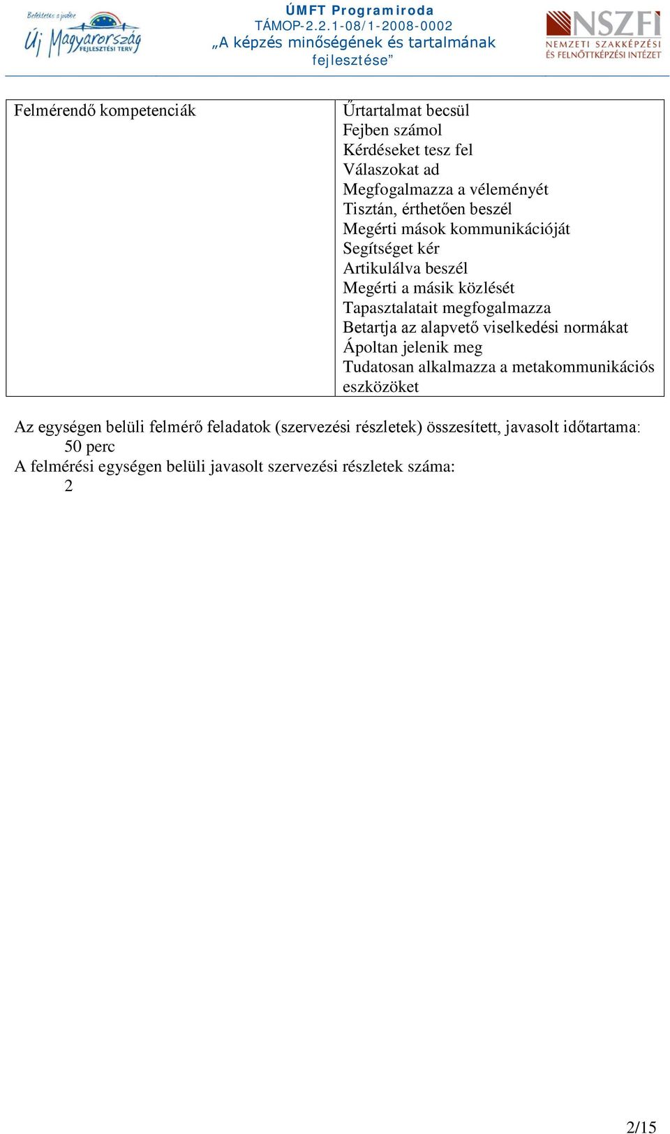 alapvető viselkedési normákat Ápoltan jelenik meg Tudatosan alkalmazza a metakommunikációs eszközöket Az egységen belüli felmérő