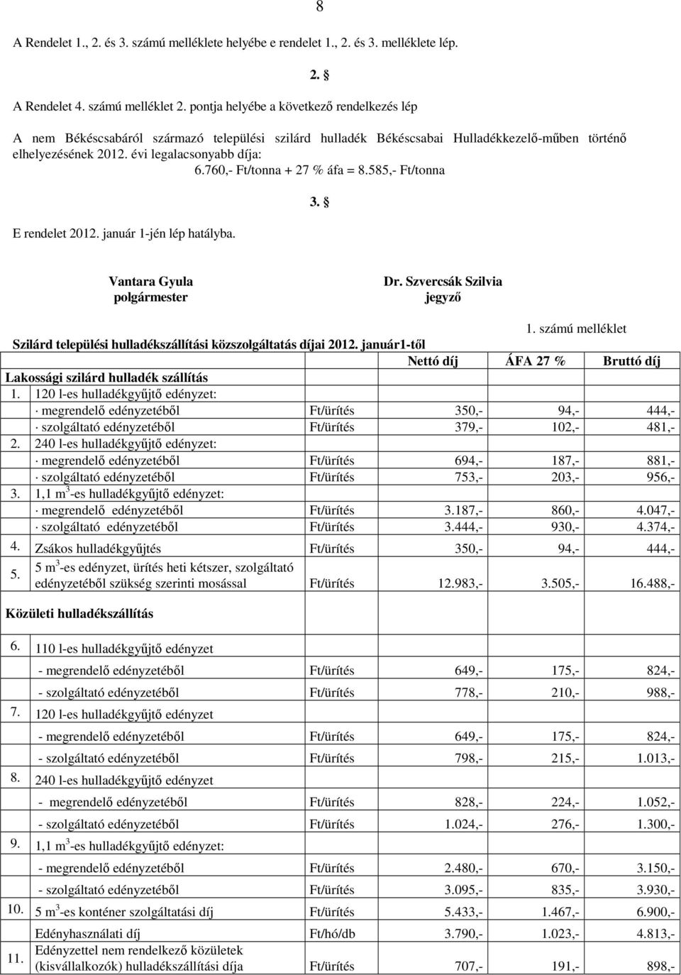 585,- Ft/tonna E rendelet 2012. január 1-jén lép hatályba. 3. Vantara Gyula polgármester Dr. Szvercsák Szilvia jegyző 1.