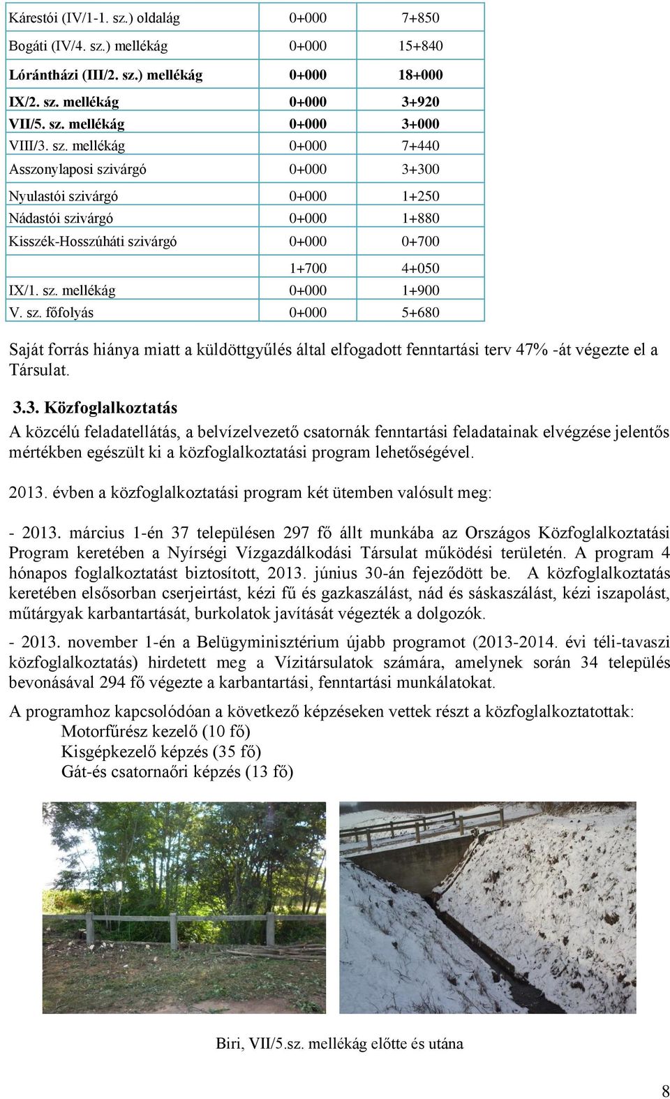 sz. főfolyás 0+000 5+680 Saját forrás hiánya miatt a küldöttgyűlés által elfogadott fenntartási terv 47% -át végezte el a Társulat. 3.