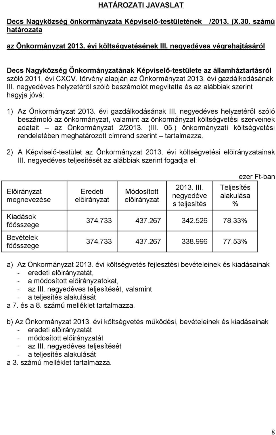 negyedéves helyzetéről szóló beszámolót megvitatta és az alábbiak szerint hagyja jóvá: 1) Az Önkormányzat 2013. évi gazdálkodásának III.