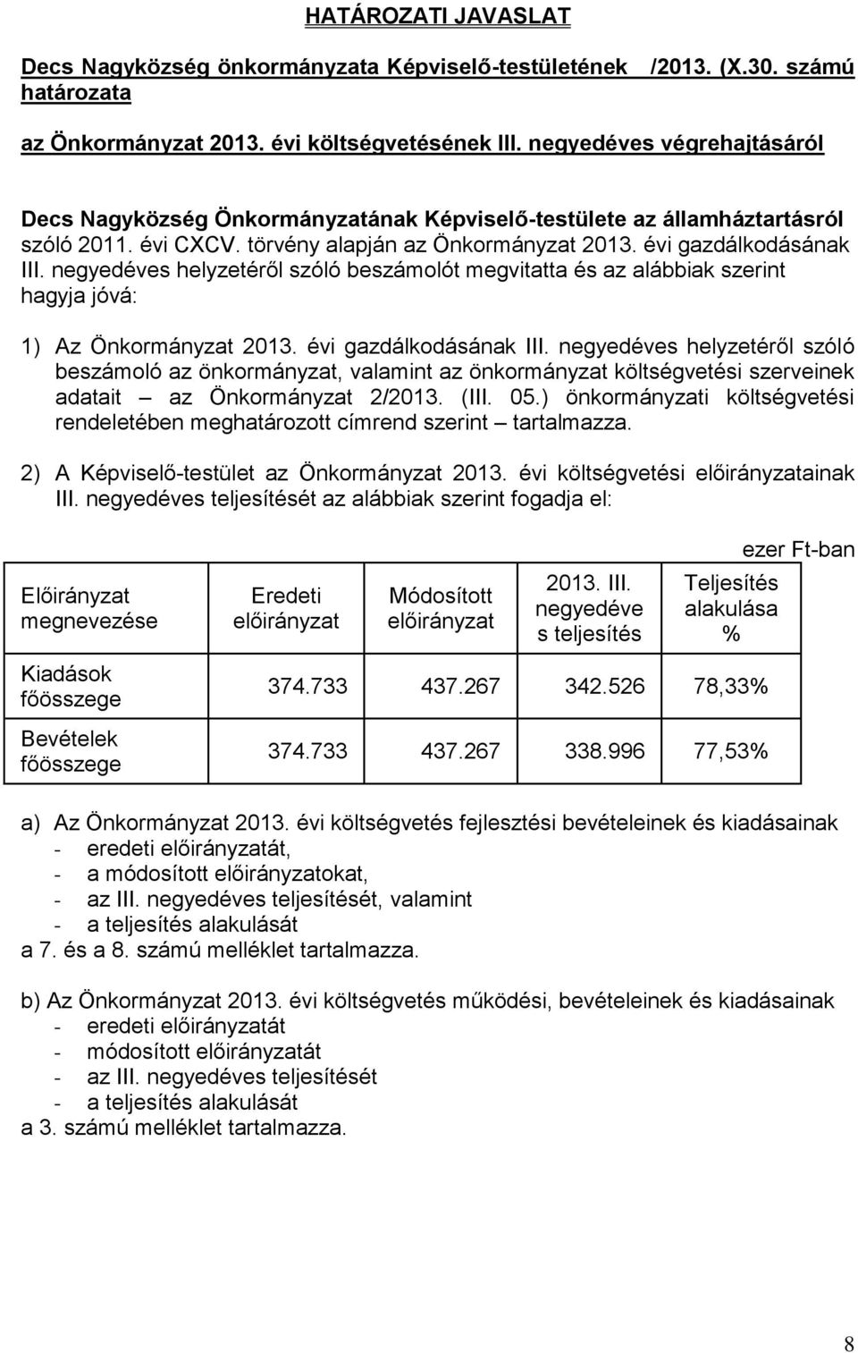 negyedéves helyzetéről szóló beszámolót megvitatta és az alábbiak szerint hagyja jóvá: 1) Az Önkormányzat 2013. évi gazdálkodásának III.