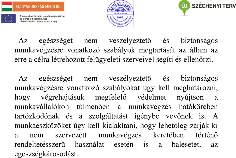 Az egészséget nem veszélyeztető és biztonságos munkavégzésre vonatkozó szabályokat úgy kell meghatározni, hogy végrehajtásuk megfelelő védelmet nyújtson a