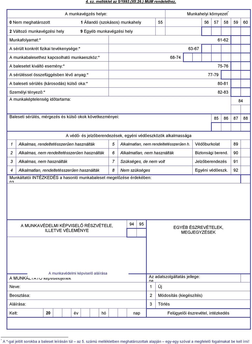 konkrét fizikai tevékenysége:* 63-67 A munkabalesethez kapcsolható munkaeszköz:* 68-74 A balesetet kiváltó esemény:* 75-76 A sérüléssel összefüggésben lévő anyag:* 77-79 A baleseti sérülés