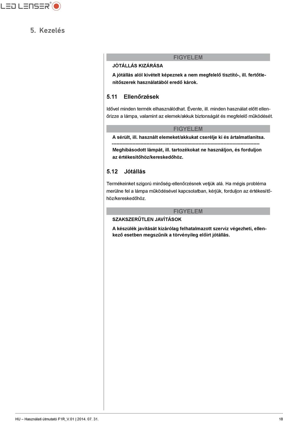 ---------------------------------------------------------------------------------------------- Meghibásodott lámpát, ill. tartozékokat ne használjon, és forduljon az értékesítőhöz/kereskedőhöz. 5.