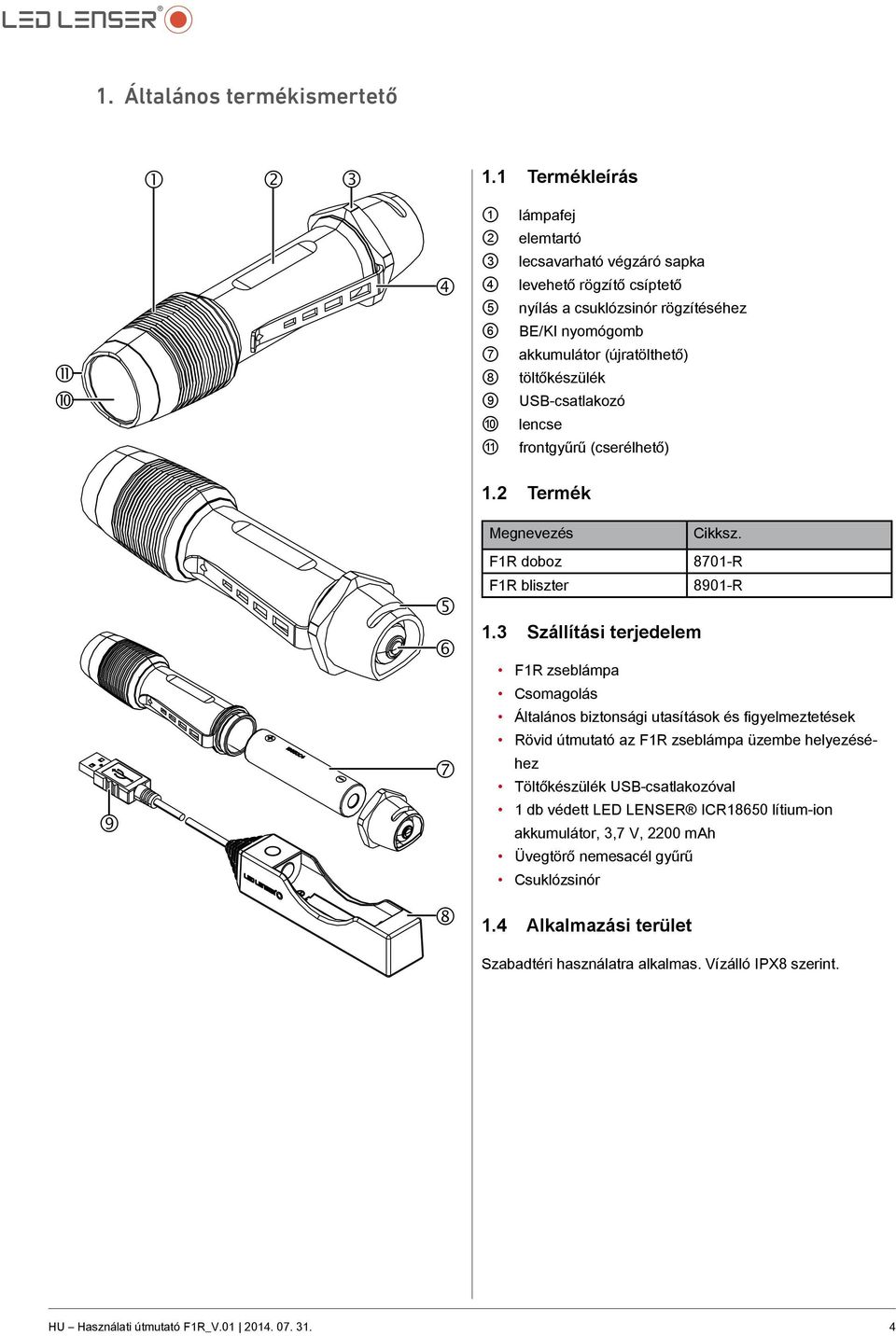 töltőkészülék USB-csatlakozó lencse frontgyűrű (cserélhető) 9 5 6 7 8 1.2 Termék Megnevezés Cikksz. F1R doboz 8701-R F1R bliszter 8901-R 1.