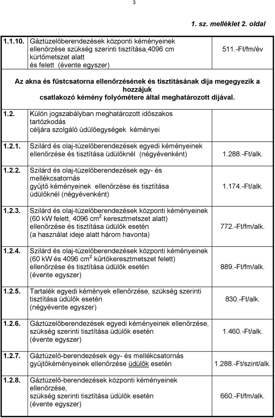 2.2. Szilárd és olaj-tüzelőberendezések egy- és mellékcsatornás gyűjtő kéményeinek ellenőrzése és tisztítása üdülőknél (négyévenként) 1.2.3.