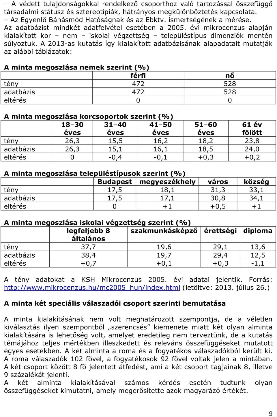 A 2013-as kutatás így kialakított adatbázisának alapadatait mutatják az alábbi táblázatok: A minta megoszlása nemek szerint (%) férfi nő tény 472 528 adatbázis 472 528 eltérés 0 0 A minta megoszlása