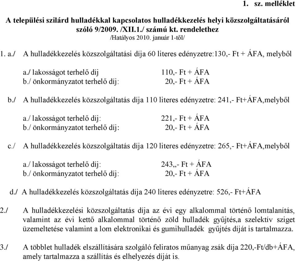 / A hulladékkezelés közszolgáltatás díja 110 literes edényzetre: 241,- Ft+ÁFA,melyből a./ lakosságot terhelő díj: b./ önkormányzatot terhelő díj: 221,- Ft + ÁFA 20,- Ft + ÁFA c.