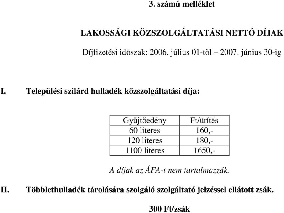 Települési szilárd hulladék közszolgáltatási díja: Gyűjtőedény Ft/ürítés 60 literes 160,-