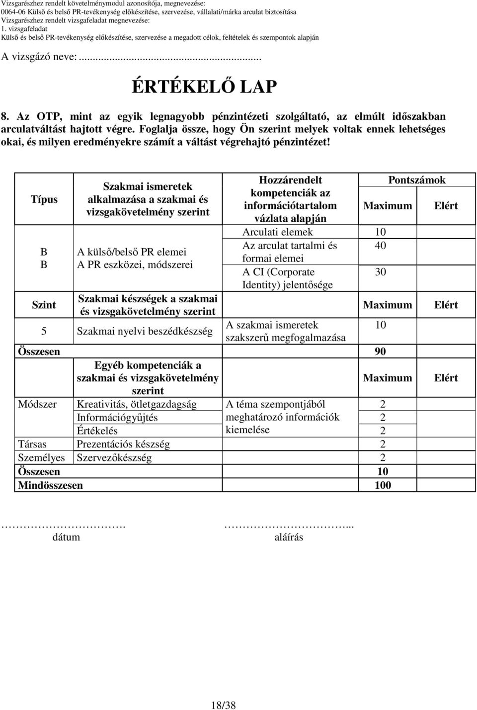 Típus B B Szint Szakmai ismeretek alkalmazása a szakmai és vizsgakövetelmény szerint A külsı/belsı PR elemei A PR eszközei, módszerei Szakmai készségek a szakmai és vizsgakövetelmény szerint