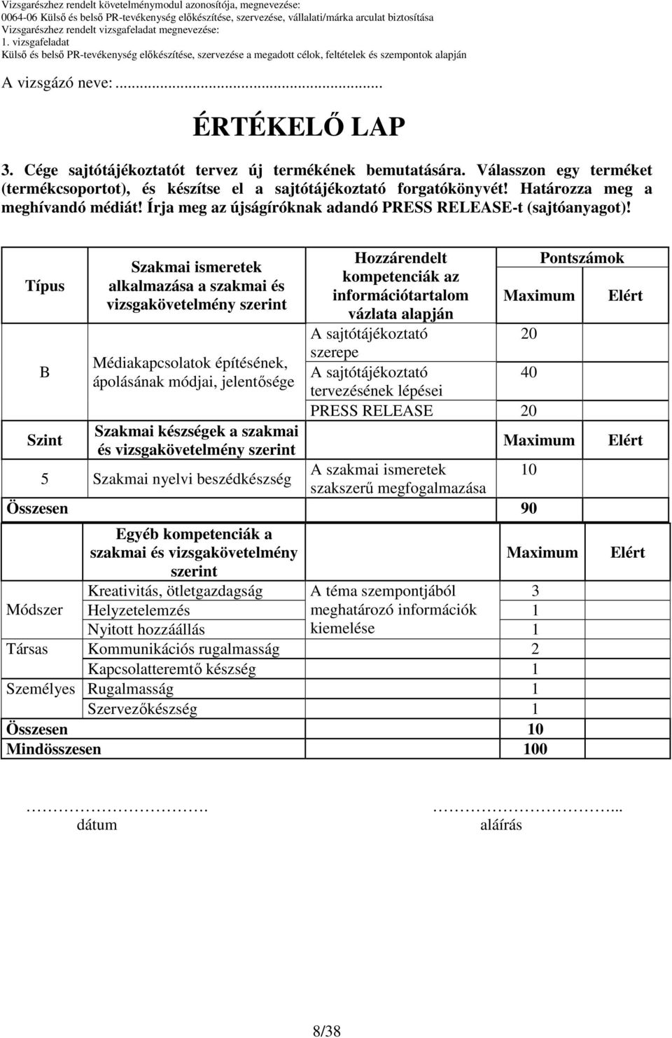 Típus B Szint Szakmai ismeretek alkalmazása a szakmai és vizsgakövetelmény szerint Médiakapcsolatok építésének, ápolásának módjai, jelentısége Szakmai készségek a szakmai és vizsgakövetelmény szerint