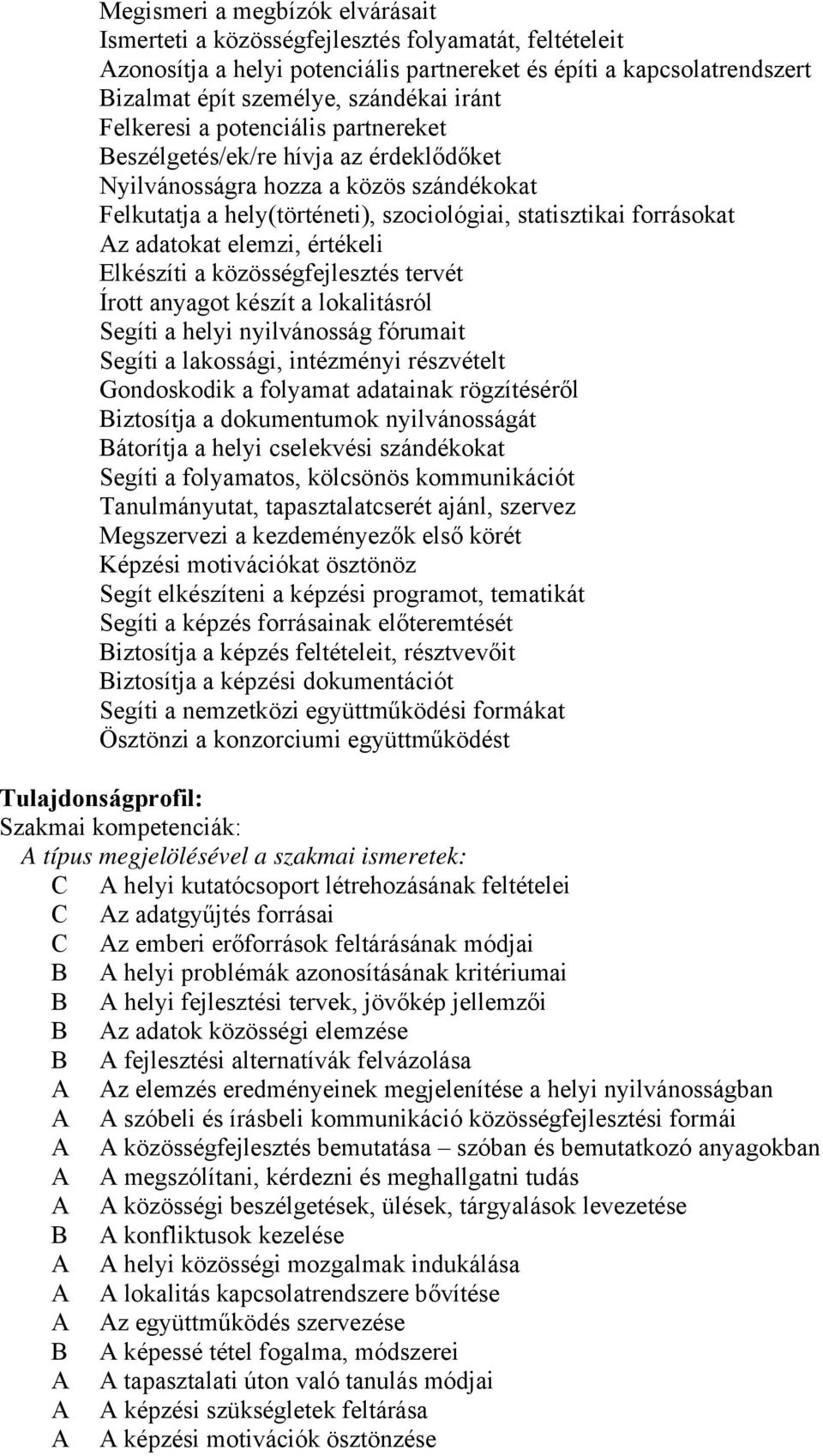 elemzi, értékeli Elkészíti a közösségfejlesztés tervét Írott anyagot készít a lokalitásról Segíti a helyi nyilvánosság fórumait Segíti a lakossági, intézményi részvételt Gondoskodik a folyamat