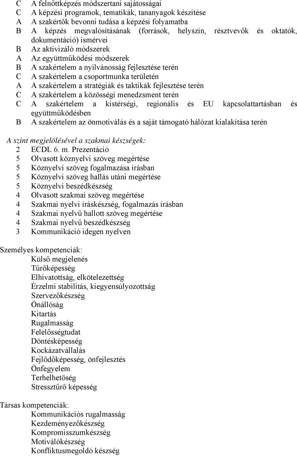 szakértelem a stratégiák és taktikák fejlesztése terén C A szakértelem a közösségi menedzsment terén C A szakértelem a kistérségi, regionális és EU kapcsolattartásban és együttműködésben B A