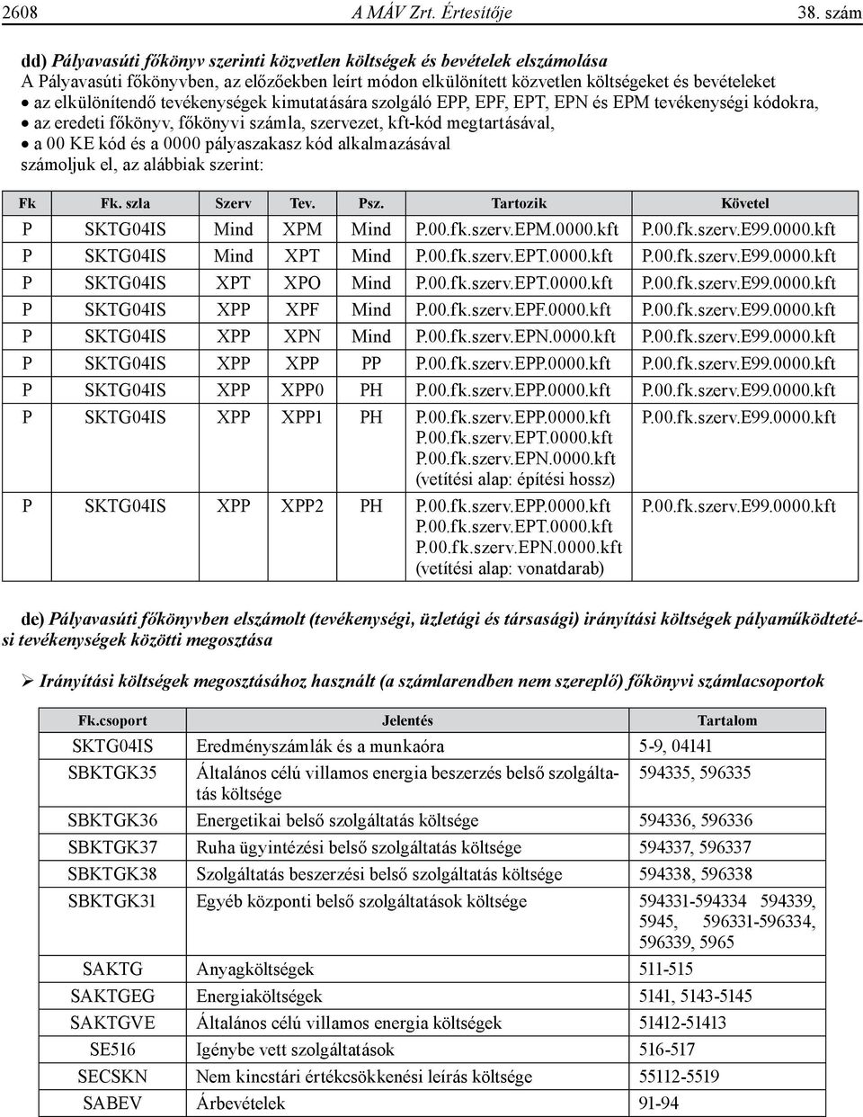 elkülönítendő tevékenységek kimutatására szolgáló EPP, EPF, EPT, EPN és EPM tevékenységi kódokra, az eredeti főkönyv, főkönyvi számla, szervezet, kftkód megtartásával, a 00 KE kód és a 0000