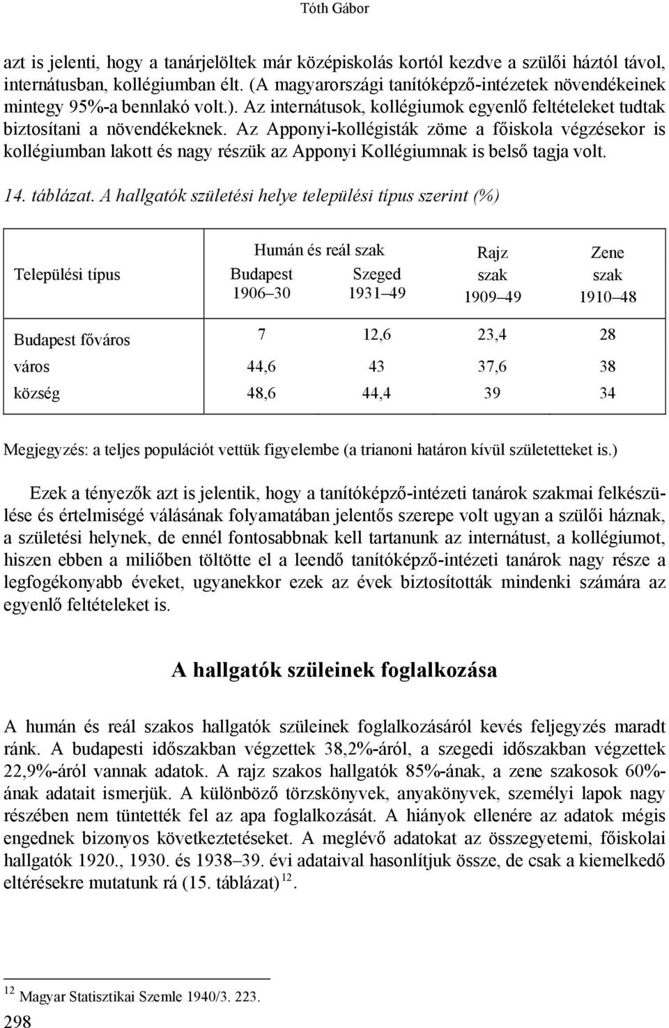 Az Apponyi-kollégisták zöme a főiskola végzésekor is kollégiumban lakott és nagy részük az Apponyi Kollégiumnak is belső tagja volt. 14. táblázat.