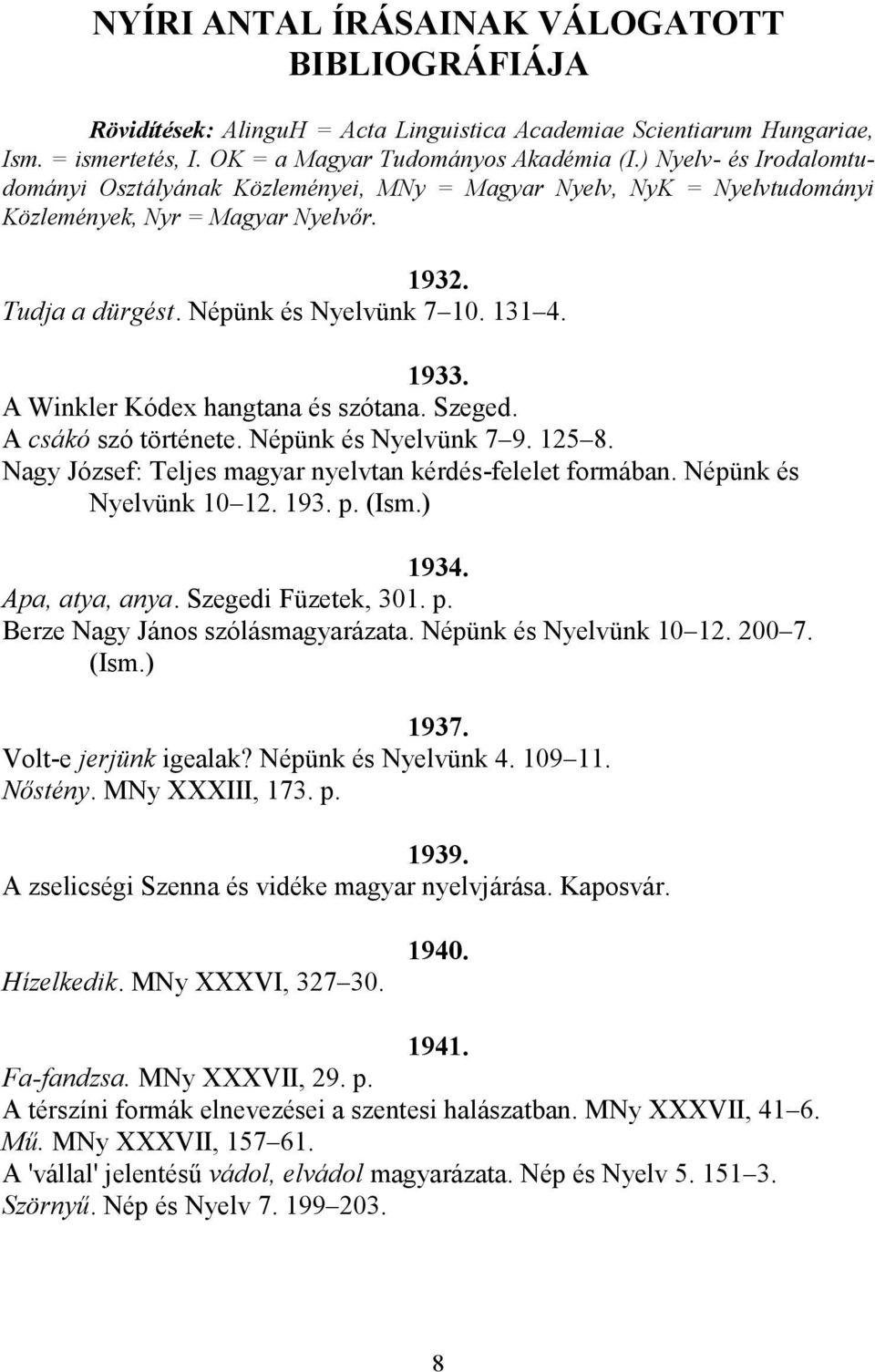 A Winkler Kódex hangtana és szótana. Szeged. A csákó szó története. Népünk és Nyelvünk 7 9. 125 8. Nagy József: Teljes magyar nyelvtan kérdés-felelet formában. Népünk és Nyelvünk 10 12. 193. p. (Ism.
