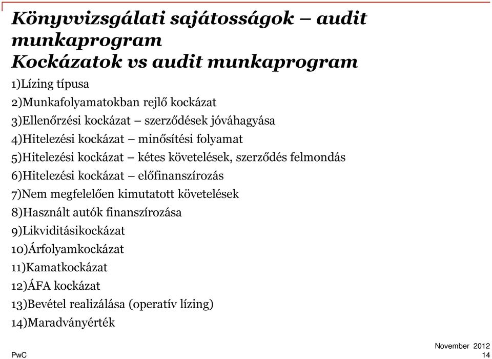 felmondás 6)Hitelezési kockázat előfinanszírozás 7)Nem megfelelően kimutatott követelések 8)Használt autók finanszírozása