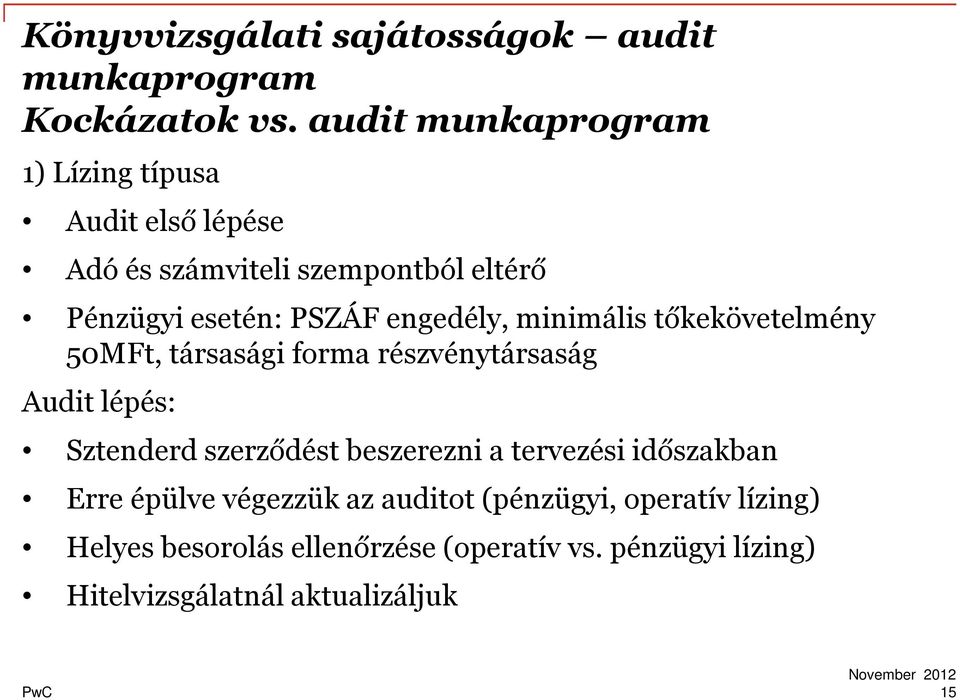 minimális tőkekövetelmény 50MFt, társasági forma részvénytársaság Audit lépés: Sztenderd szerződést beszerezni a
