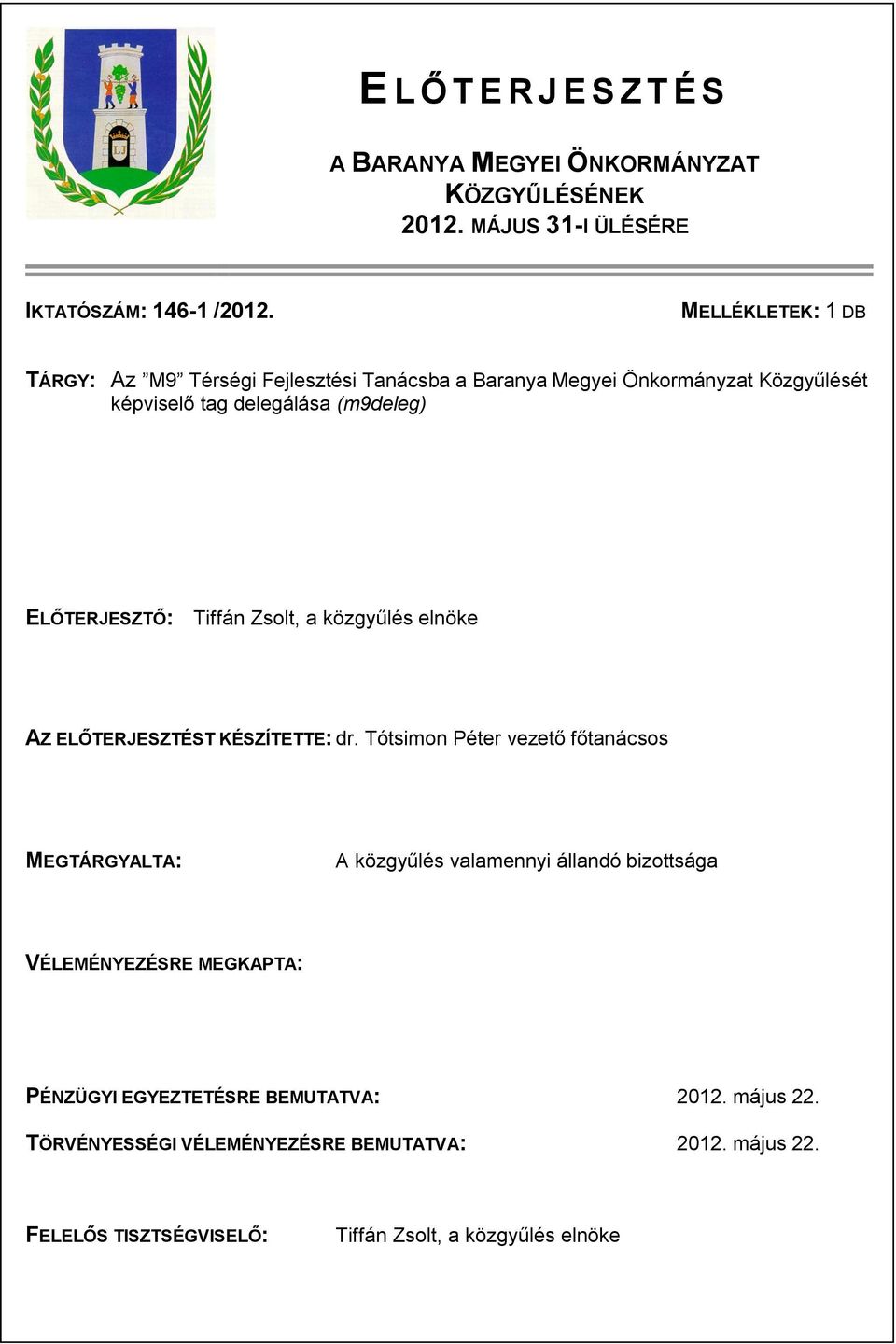 Tiffán Zsolt, a közgyűlés elnöke AZ ELŐTERJESZTÉST KÉSZÍTETTE: dr.
