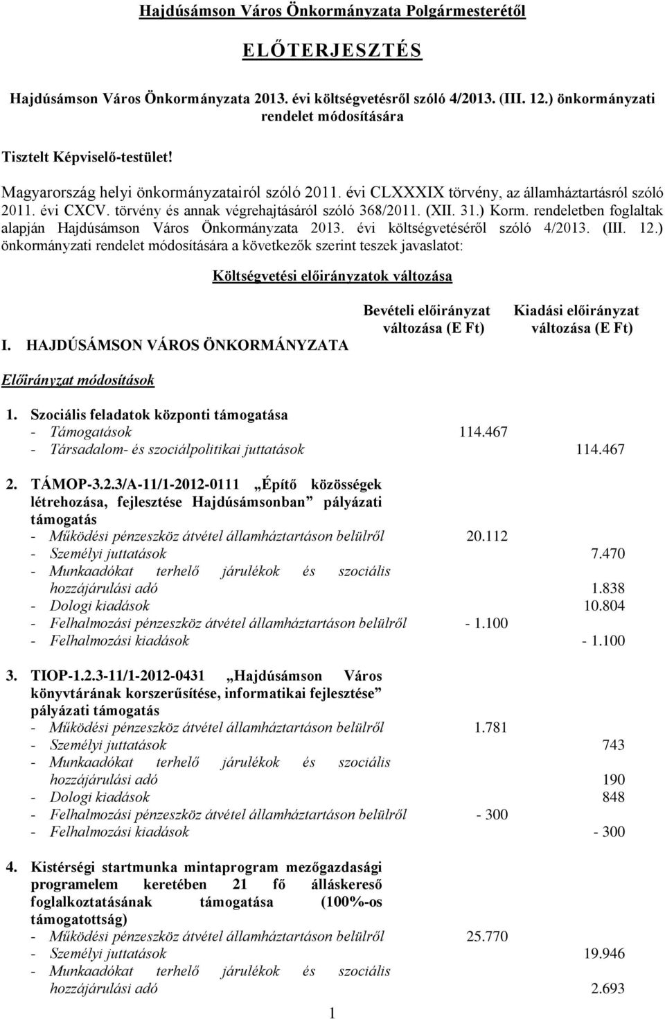 törvény és annak végrehajtásáról szóló 368/2011. (XII. 31.) Korm. rendeletben foglaltak alapján Hajdúsámson Város Önkormányzata 2013. évi költségvetéséről szóló 4/2013. (III. 12.