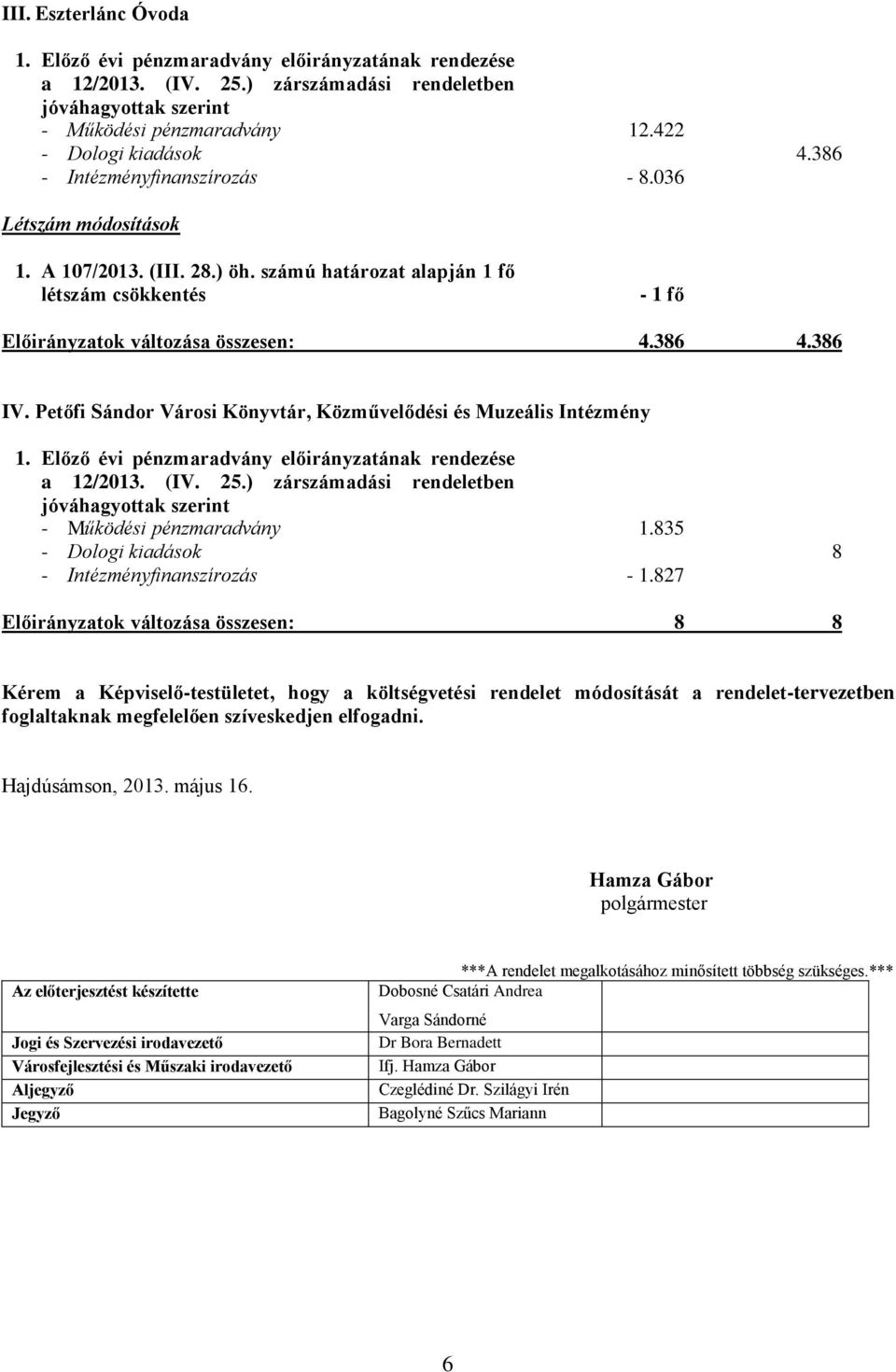 Petőfi Sándor Városi Könyvtár, Közművelődési és Muzeális Intézmény 1. Előző évi pénzmaradvány előirányzatának rendezése a 12/2013. (IV. 25.