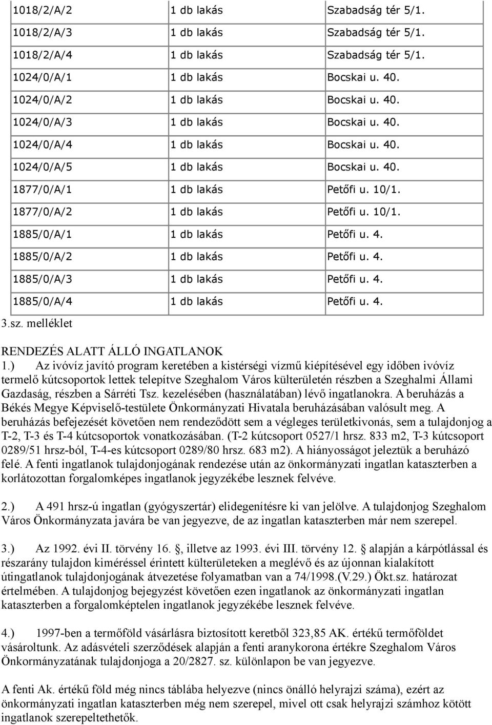 4. 1885/0/A/3 1 db lakás Petőfi u. 4. 1885/0/A/4 1 db lakás Petőfi u. 4. 3.sz. melléklet RENDEZÉS ALATT ÁLLÓ INGATLANOK 1.