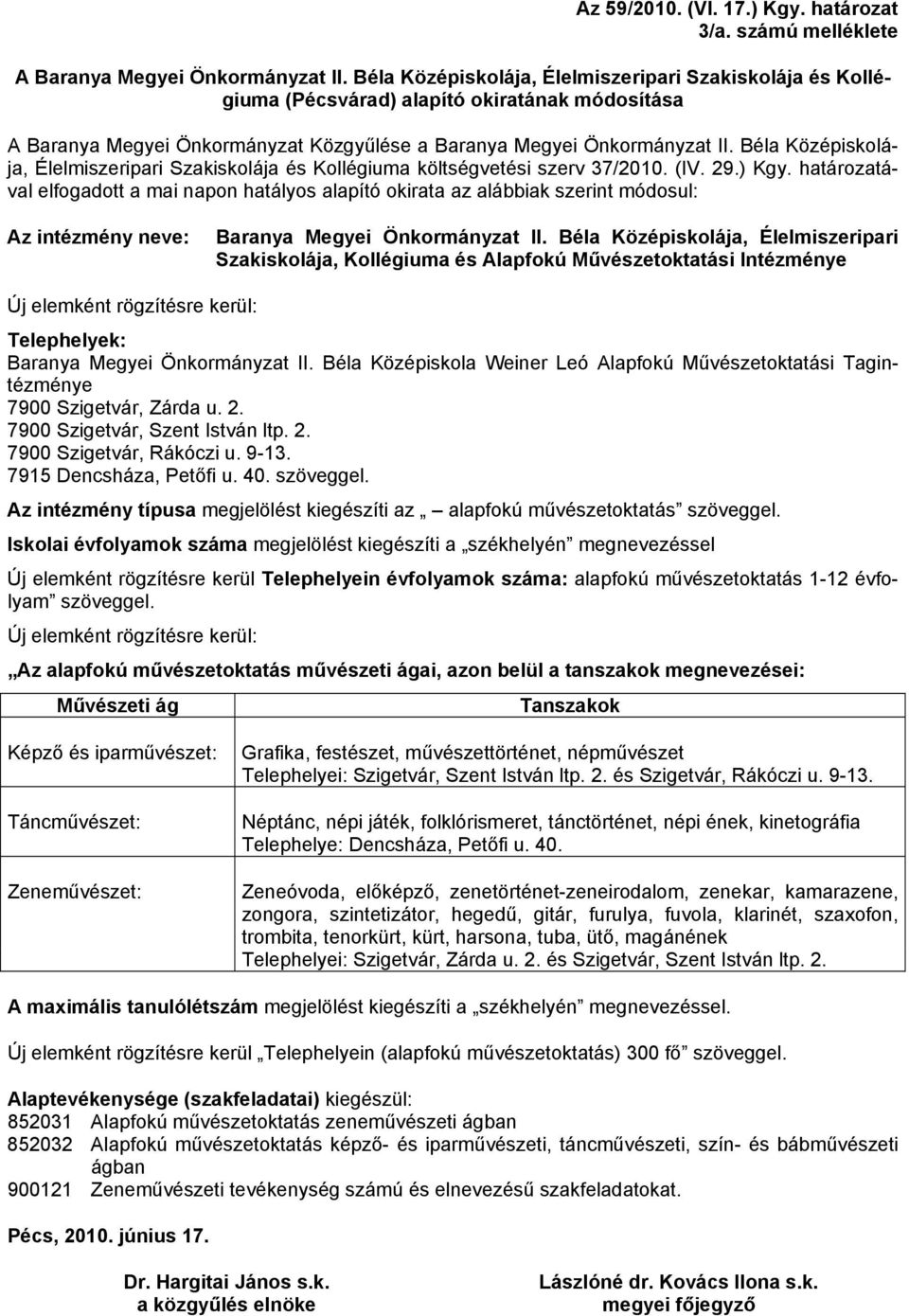 Béla Középiskolája, Élelmiszeripari Szakiskolája és Kollégiuma költségvetési szerv 37/2010. (IV. 29.) Kgy.