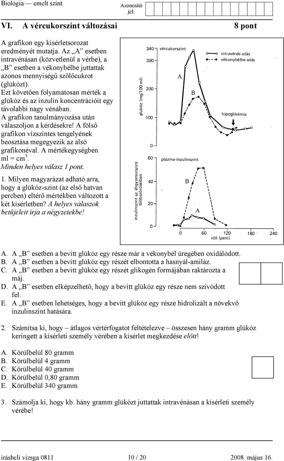 Ezt követően folyamatosan mérték a glükóz és az inzulin koncentrációit egy távolabbi nagy vénában. A grafikon tanulmányozása után válaszoljon a kérdésekre!