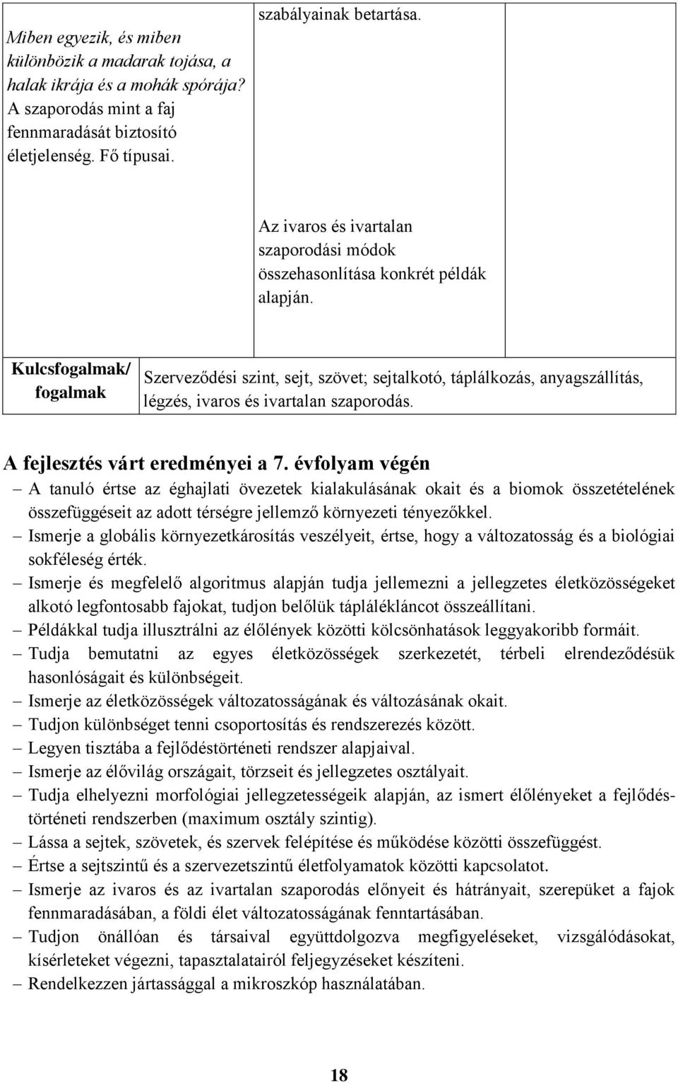 Kulcsfogalmak/ fogalmak Szerveződési szint, sejt, szövet; sejtalkotó, táplálkozás, anyagszállítás, légzés, ivaros és ivartalan szaporodás. A fejlesztés várt eredményei a 7.