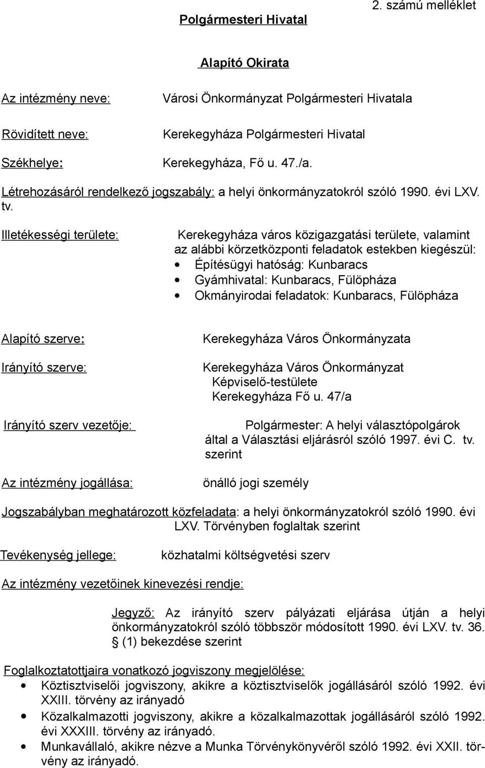 Létrehozásáról rendelkező jogszabály: a helyi önkormányzatokról szóló 1990. évi LXV. tv.